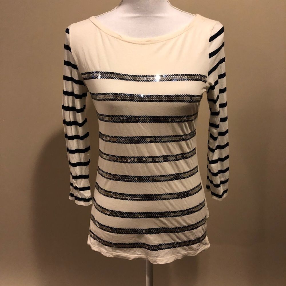 Gap Black & Cream Striped Sequins 3/4 Sleeve Top